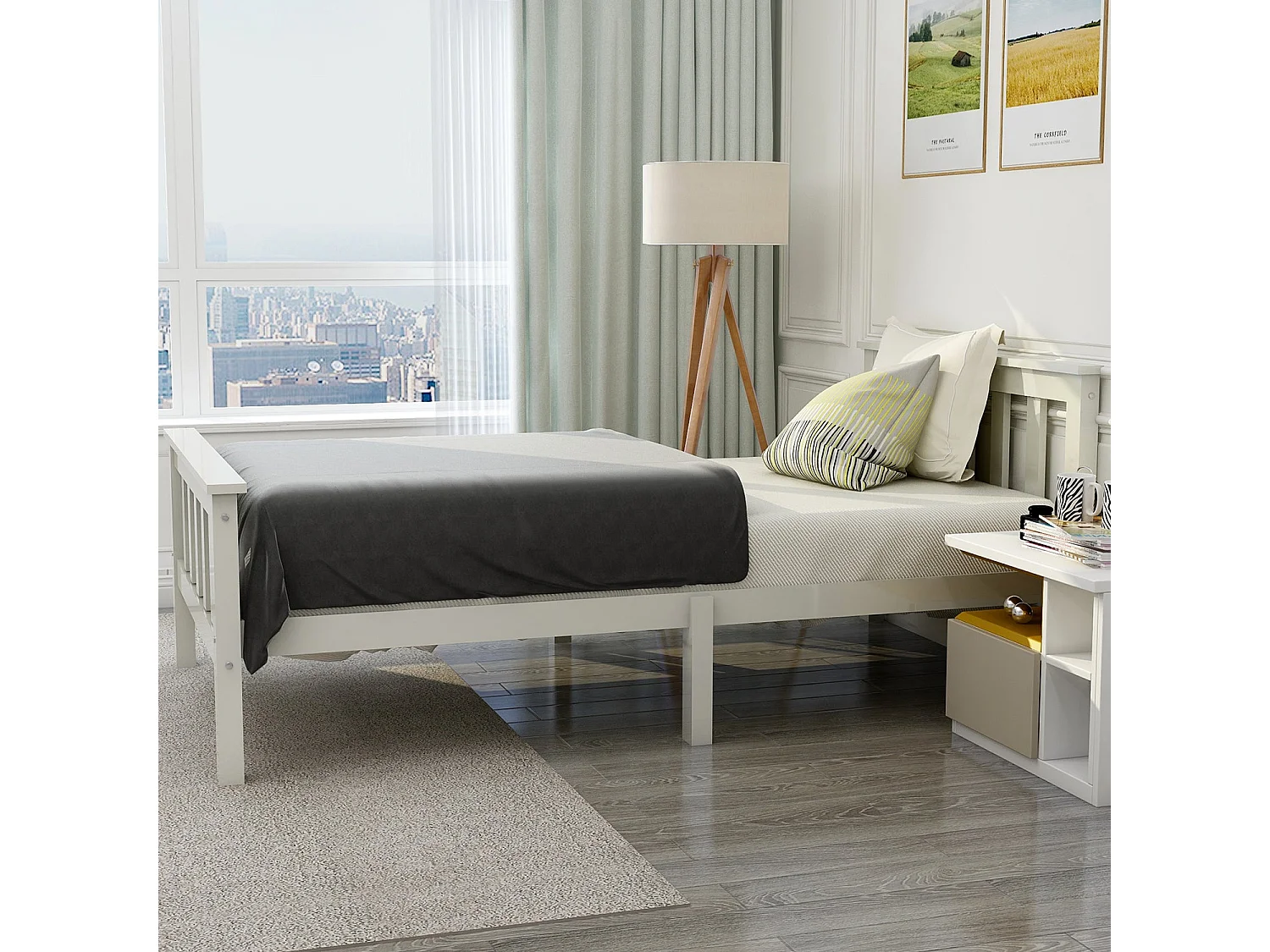 Lit simple compact 90x200 cm, bois massif blanc, avec sommier à lattes, sans matelas