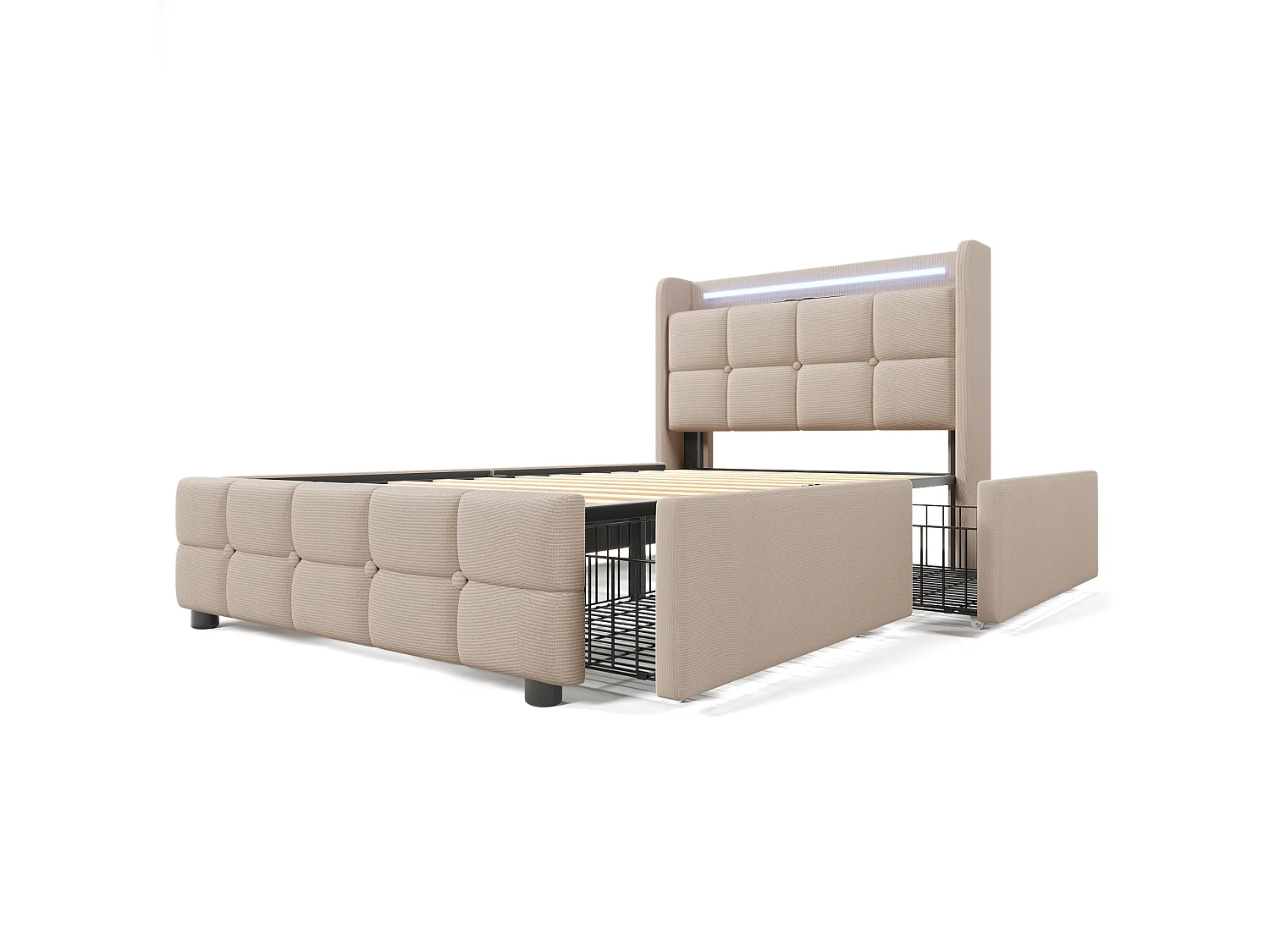 Lit double 140x200 cm, beige, avec prises USB, LED télécommandé, 2 tiroirs de rangement, sans matelas