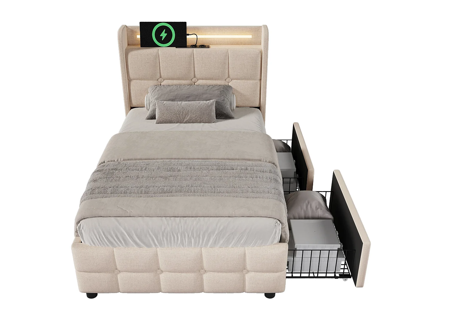 Lit double 140x200 cm, beige, avec prises USB, LED télécommandé, 2 tiroirs de rangement, sans matelas