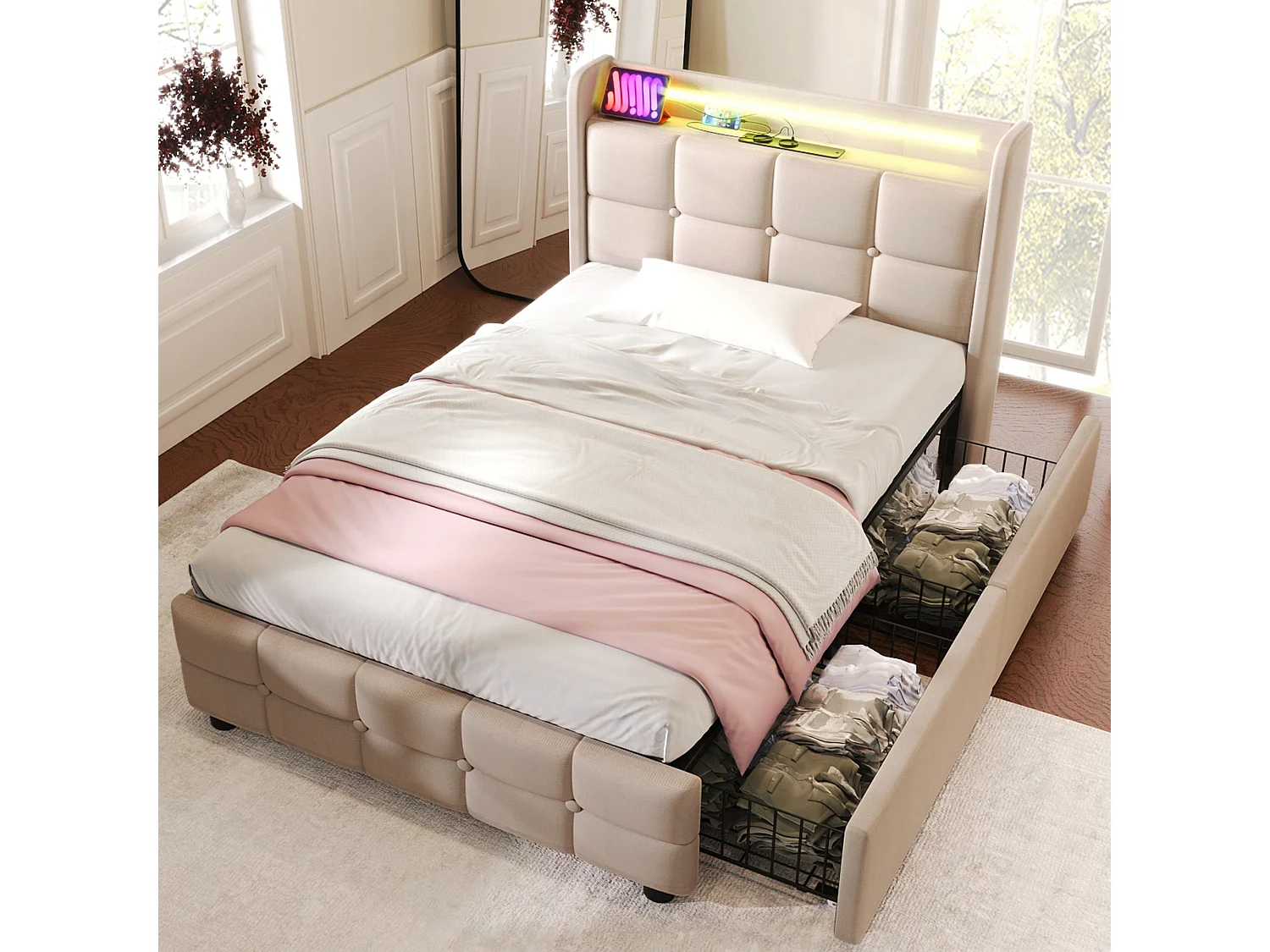 Lit double 140x200 cm, beige, avec prises USB, LED télécommandé, 2 tiroirs de rangement, sans matelas
