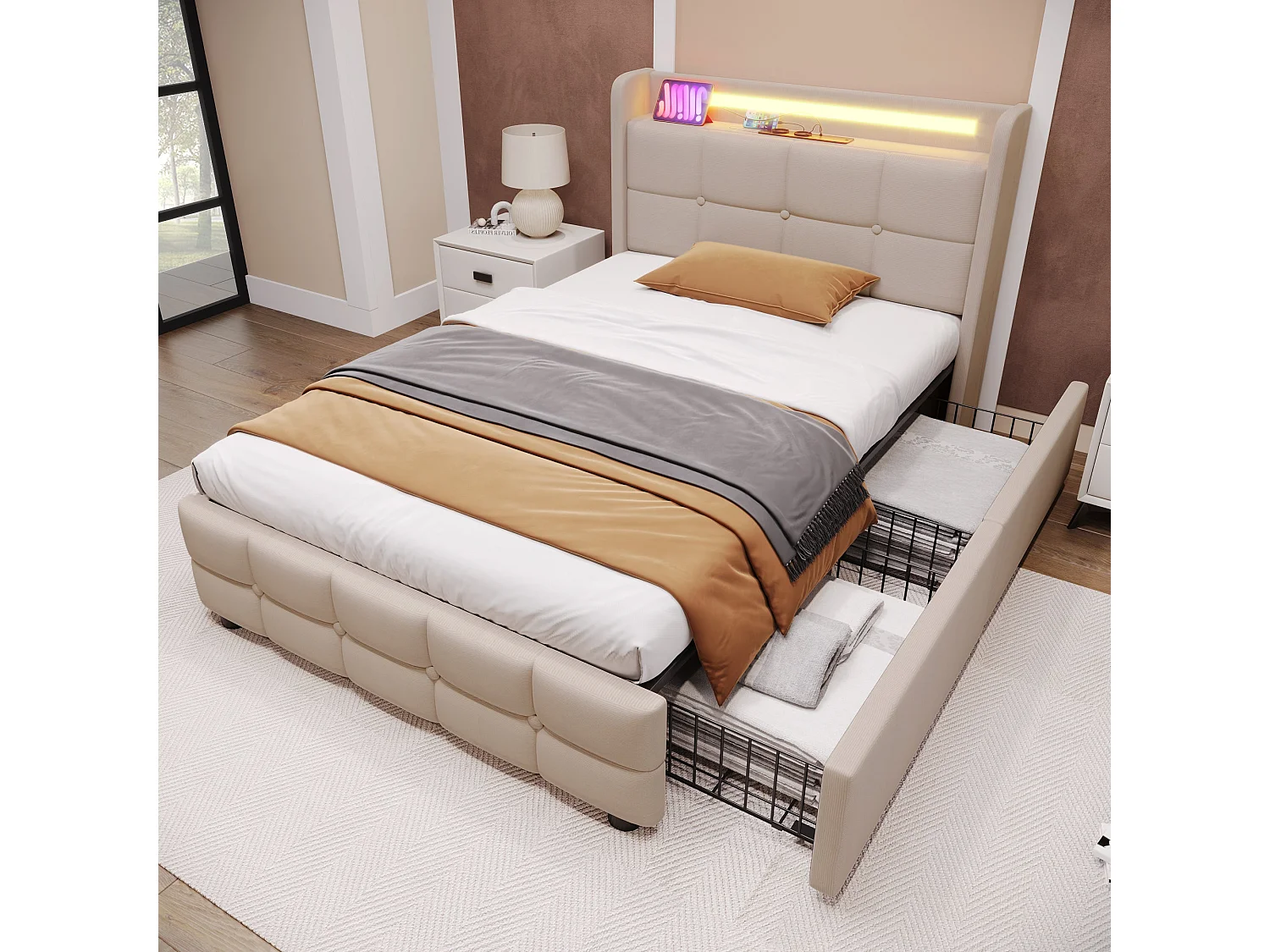 Lit double 140x200 cm, beige, avec prises USB, LED télécommandé, 2 tiroirs de rangement, sans matelas