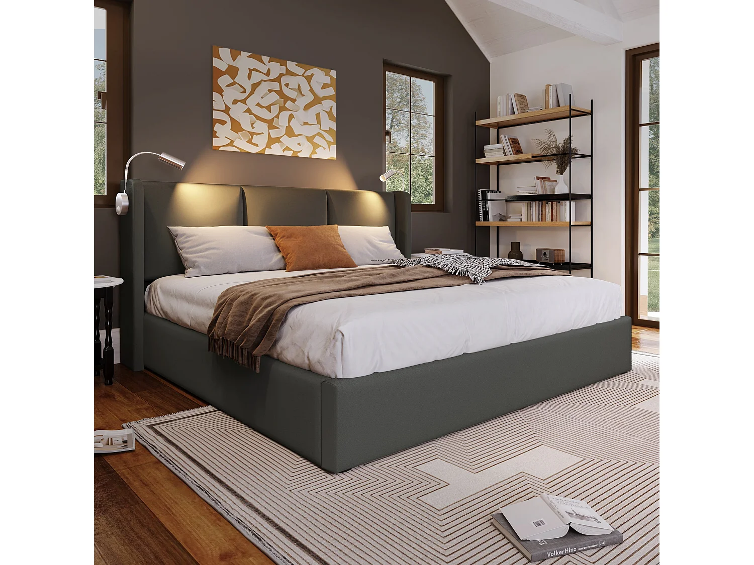 Lit double 140x200 cm, PU gris, avec lampe de lecture, ports USB, rangement hydraulique, sans matelas