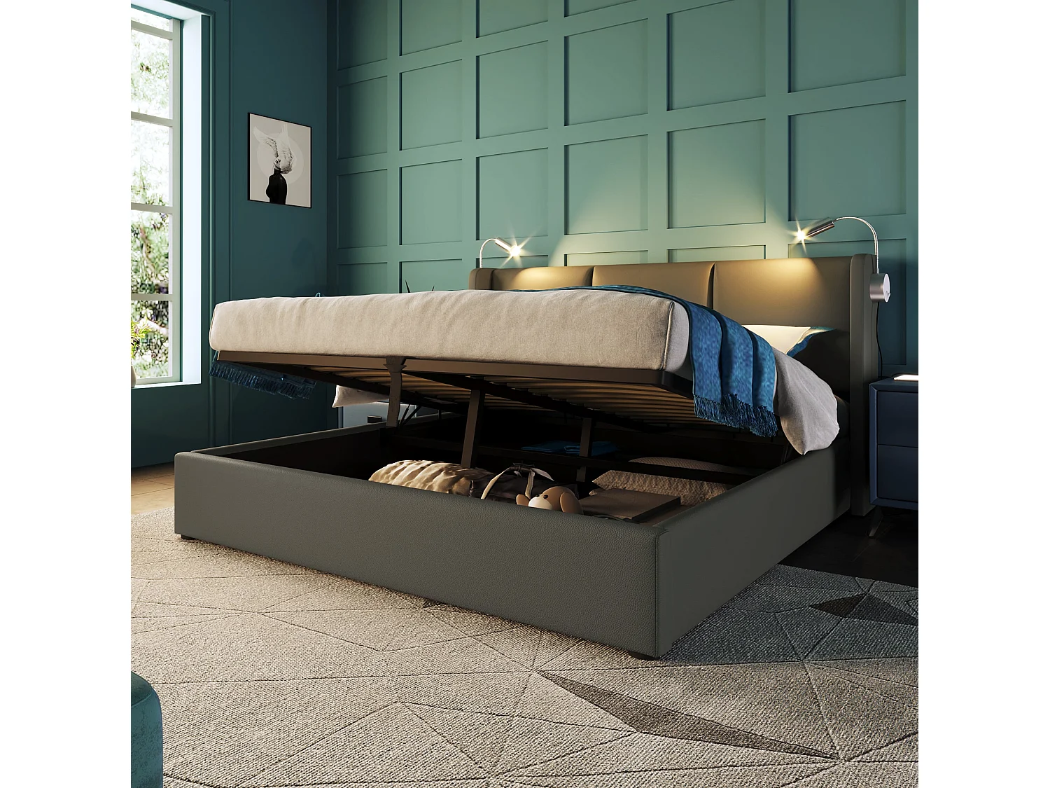 Lit double 140x200 cm, PU gris, avec lampe de lecture, ports USB, rangement hydraulique, sans matelas