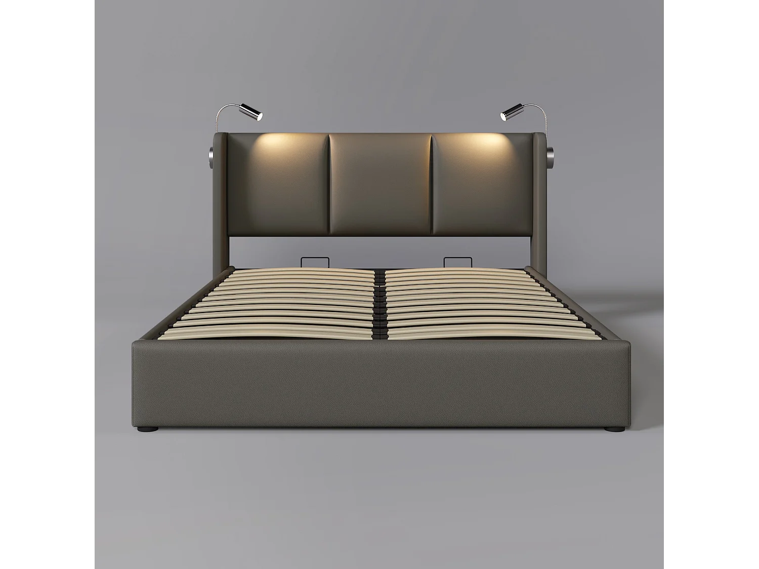 Lit double 140x200 cm, PU gris, avec lampe de lecture, ports USB, rangement hydraulique, sans matelas