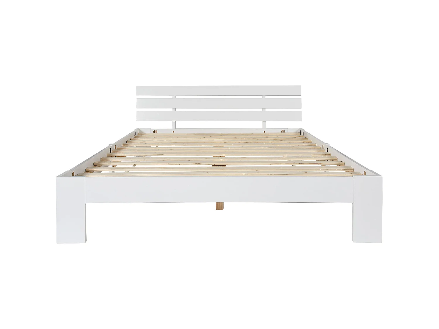 Lit double en bois massif 140x200 cm, couleur blanche, avec sommier à lattes, cadre robuste et rangement sous lit, sans matelas