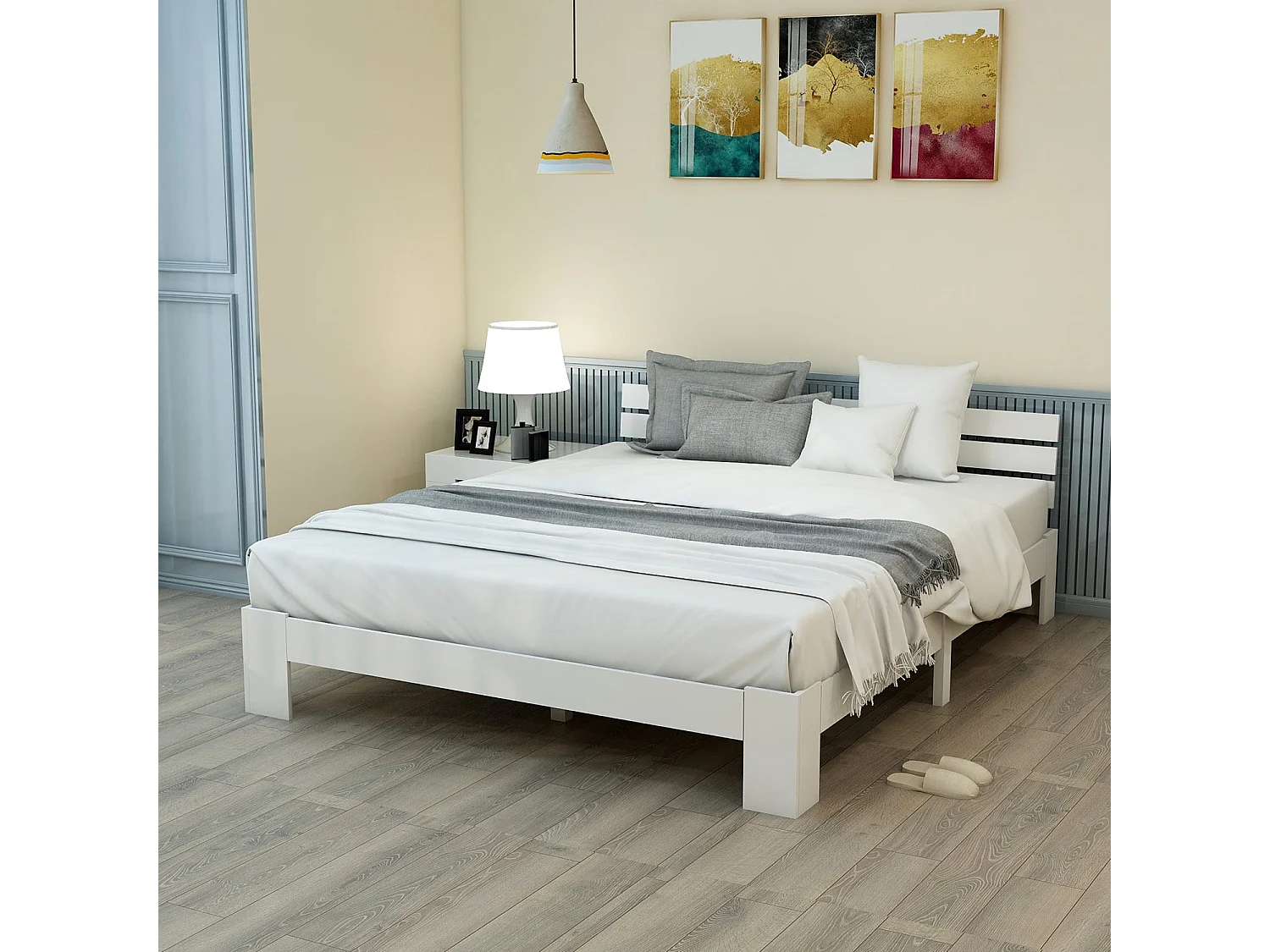 Lit double en bois massif 140x200 cm, couleur blanche, avec sommier à lattes, cadre robuste et rangement sous lit, sans matelas