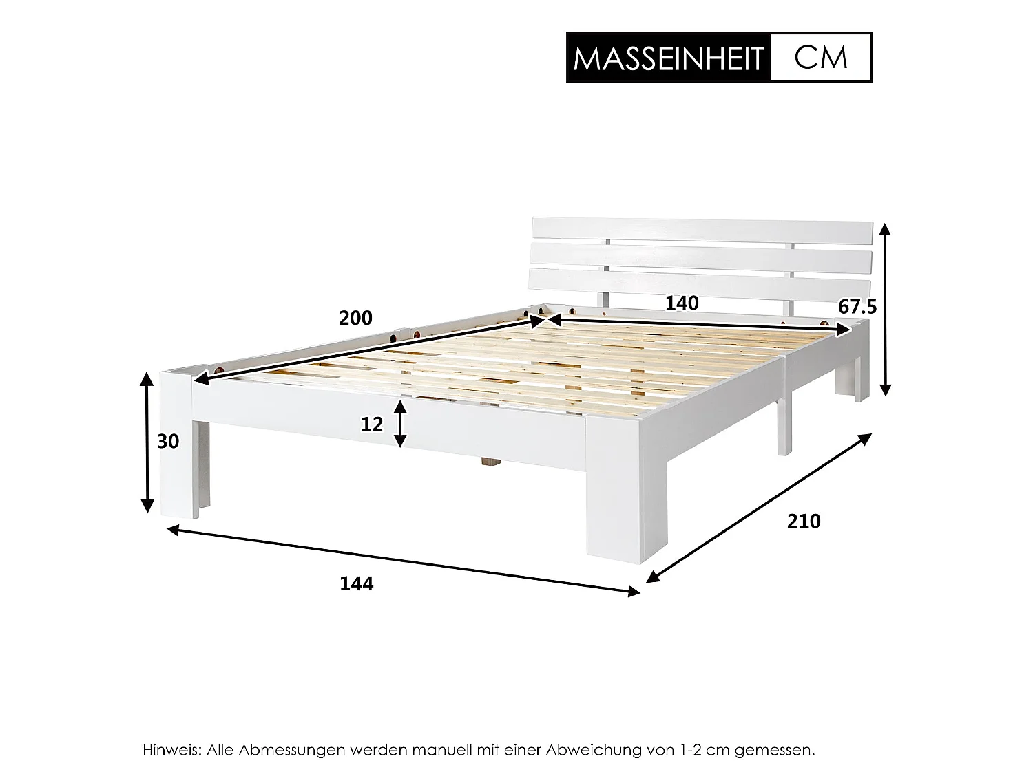 Lit double en bois massif 140x200 cm, couleur blanche, avec sommier à lattes, cadre robuste et rangement sous lit, sans matelas