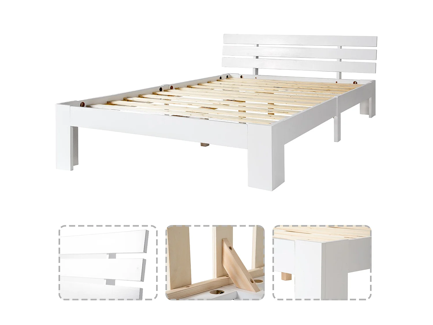 Lit double en bois massif 140x200 cm, couleur blanche, avec sommier à lattes, cadre robuste et rangement sous lit, sans matelas