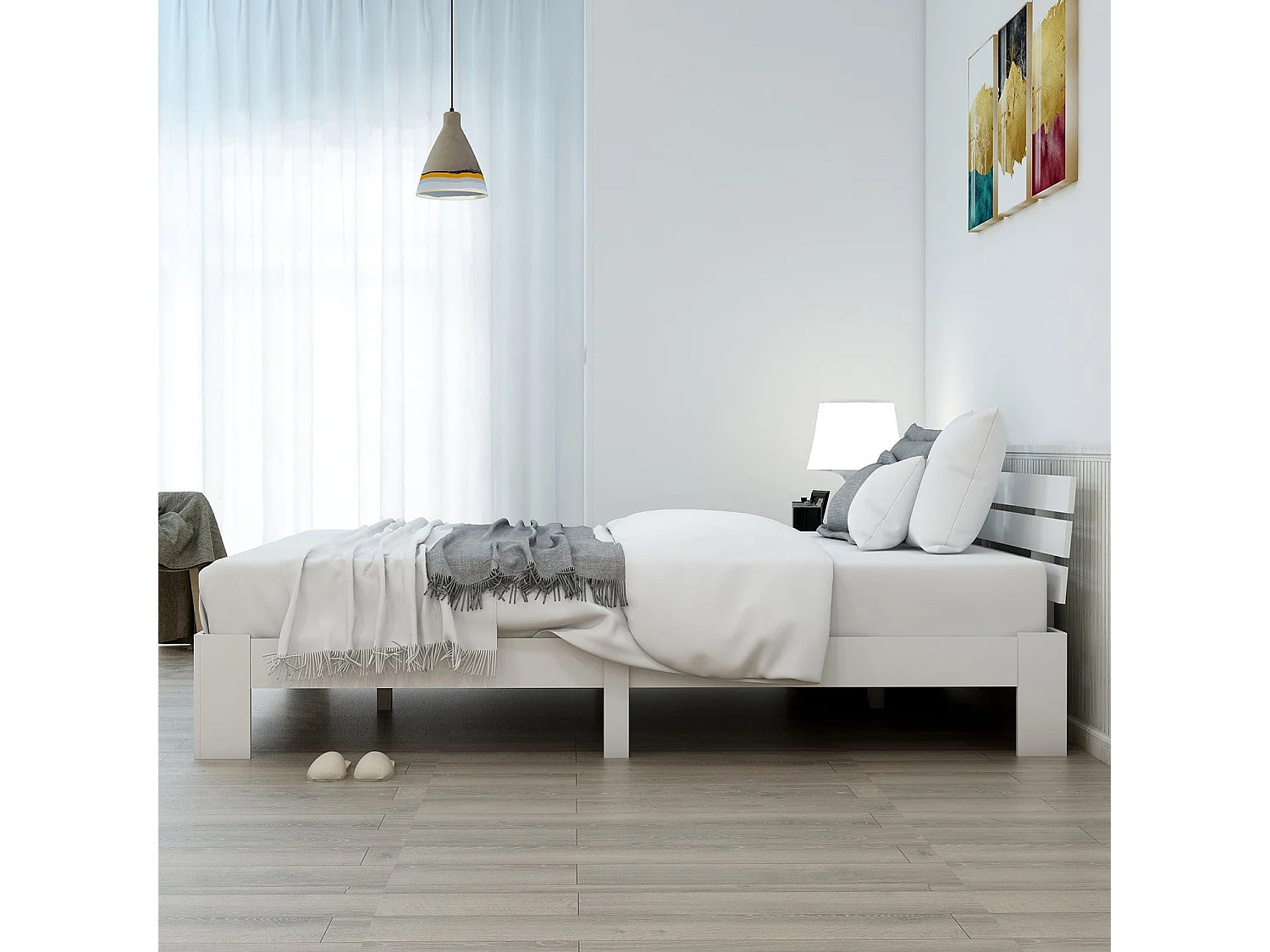 Lit double en bois massif 140x200 cm, couleur blanche, avec sommier à lattes, cadre robuste et rangement sous lit, sans matelas