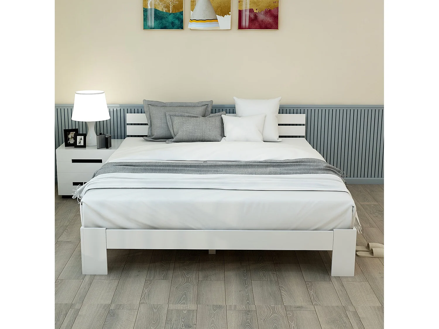 Lit double en bois massif 140x200 cm, couleur blanche, avec sommier à lattes, cadre robuste et rangement sous lit, sans matelas