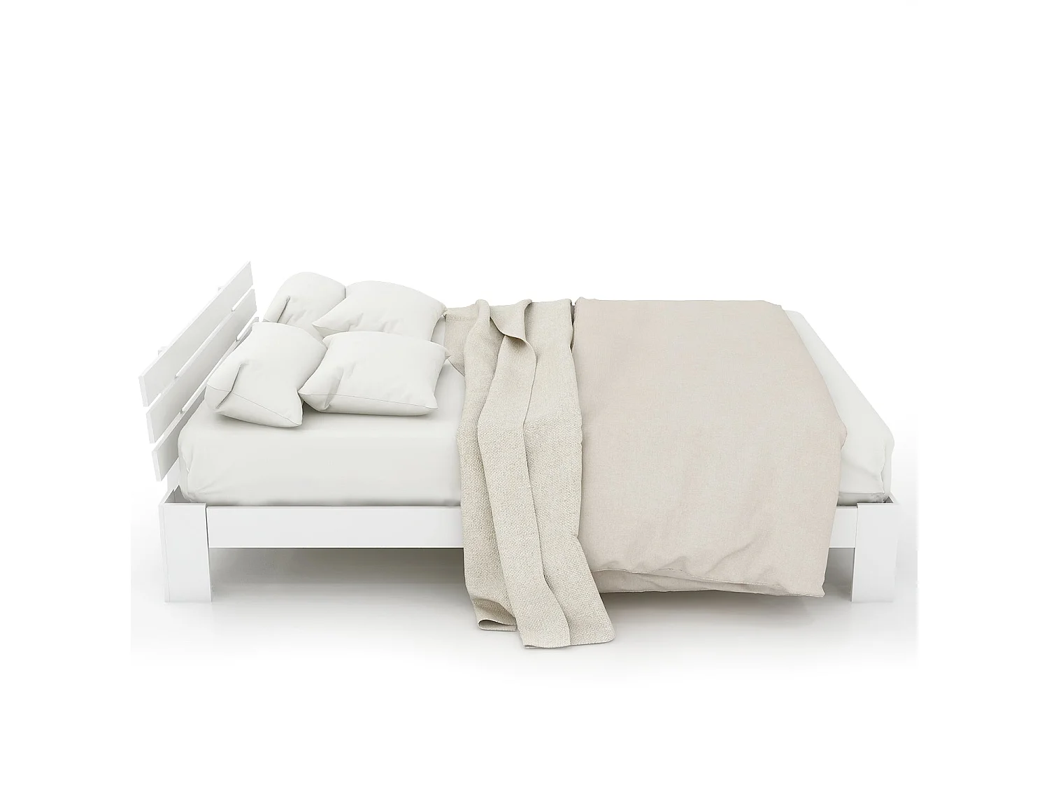 Lit double en bois massif 140x200 cm, couleur blanche, avec sommier à lattes, cadre robuste et rangement sous lit, sans matelas