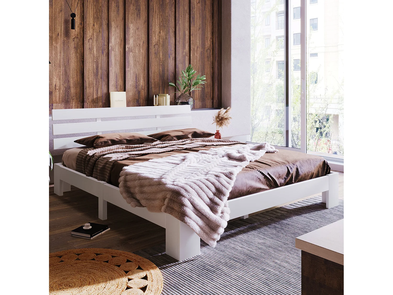 Lit double en bois massif 140x200 cm, couleur blanche, avec sommier à lattes, cadre robuste et rangement sous lit, sans matelas