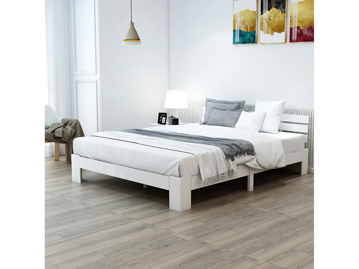 Lit double en bois massif 140x200 cm, couleur blanche, avec sommier à lattes, cadre robuste et rangement sous lit, sans matelas