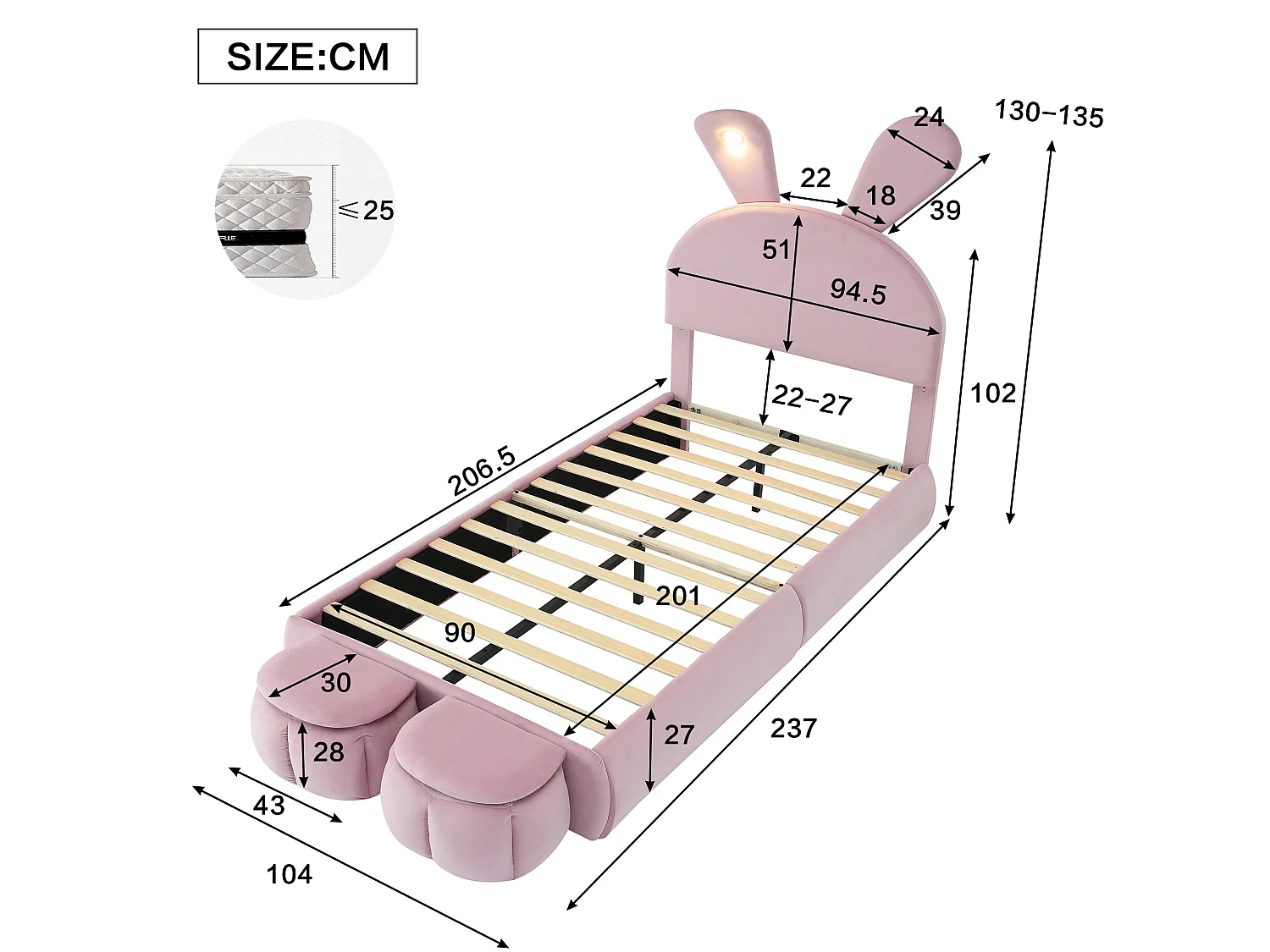 Lit enfant 90x200 cm, velours rose, avec oreilles de lapin LED, 2 tabourets de rangement, tête de lit réglable, sans matelas
