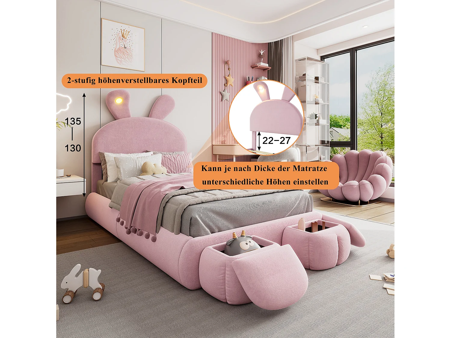 Lit enfant 90x200 cm, velours rose, avec oreilles de lapin LED, 2 tabourets de rangement, tête de lit réglable, sans matelas