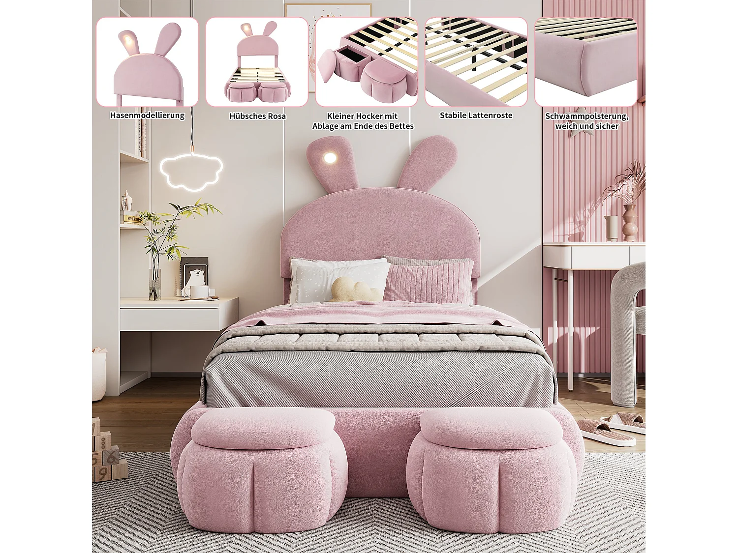 Lit enfant 90x200 cm, velours rose, avec oreilles de lapin LED, 2 tabourets de rangement, tête de lit réglable, sans matelas