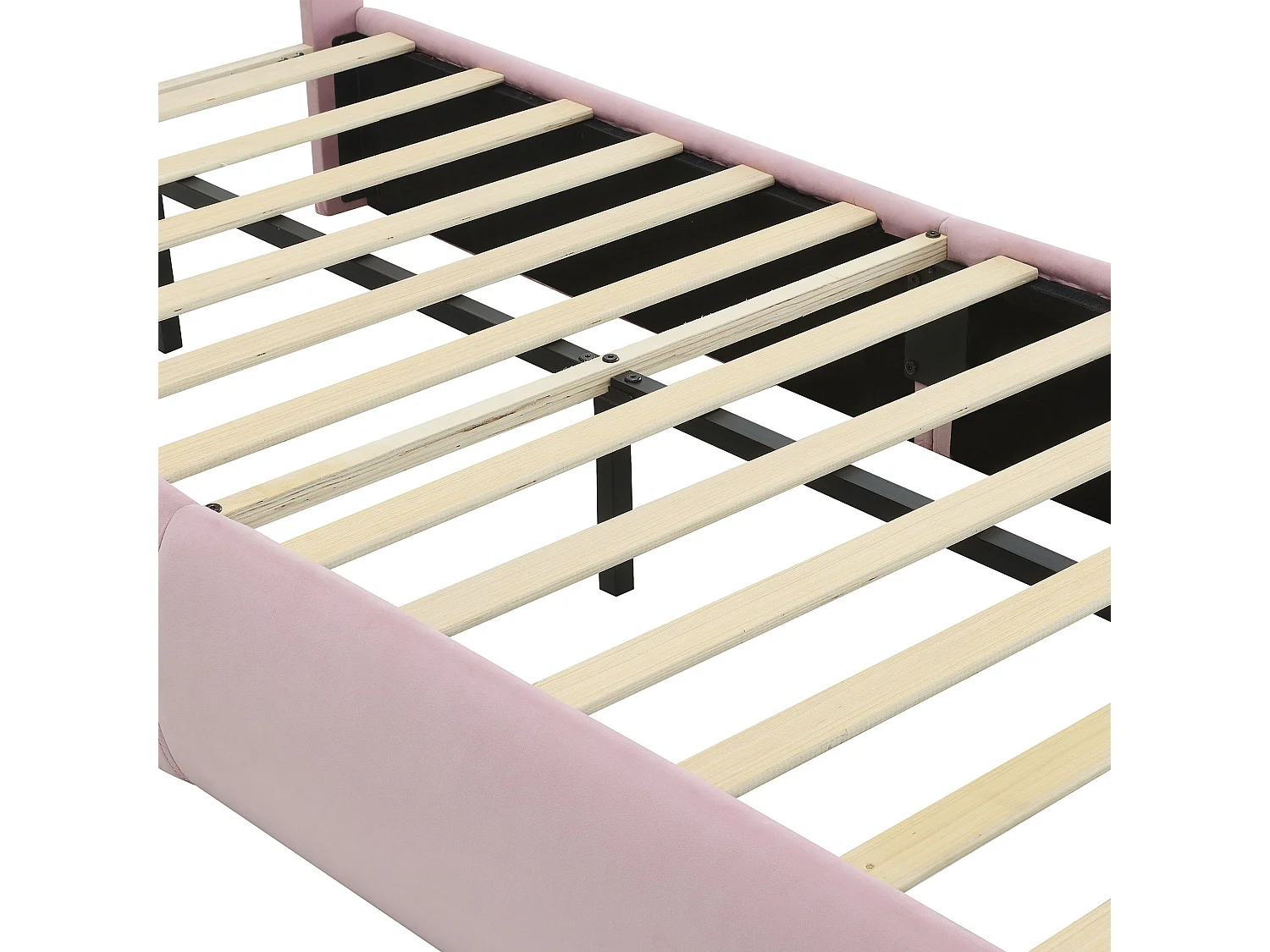 Lit enfant 90x200 cm, velours rose, avec oreilles de lapin LED, 2 tabourets de rangement, tête de lit réglable, sans matelas