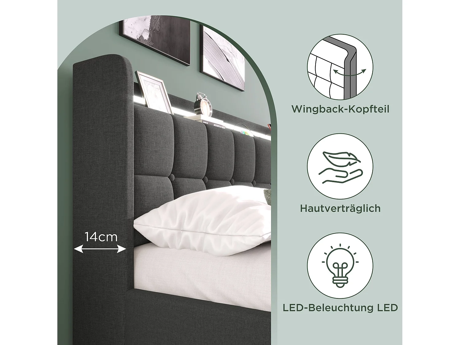 Lit double 160x200 cm, gris, avec prises USB, LED télécommandé, 2 tiroirs de rangement, sans matelas