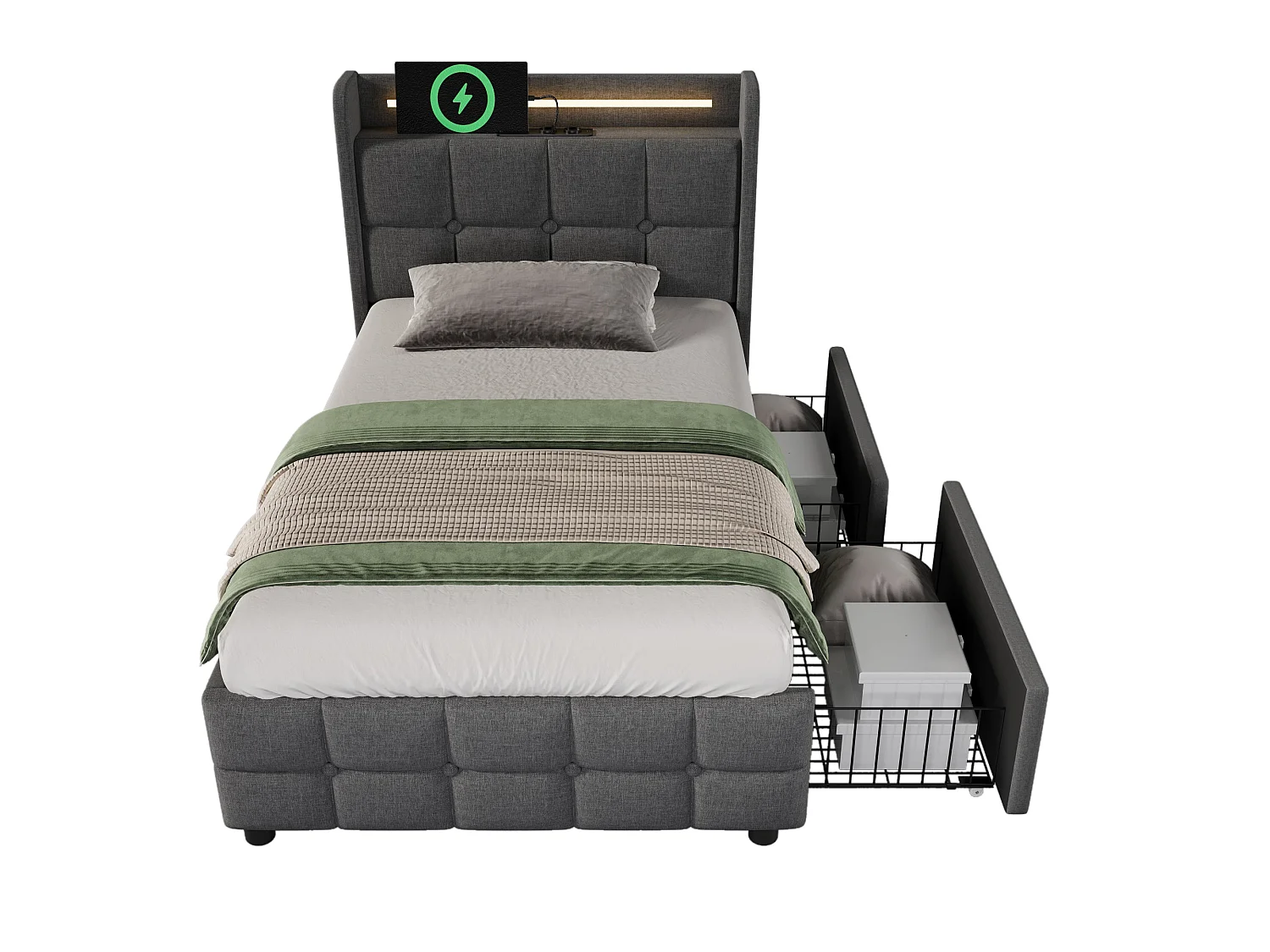 Lit double 160x200 cm, gris, avec prises USB, LED télécommandé, 2 tiroirs de rangement, sans matelas