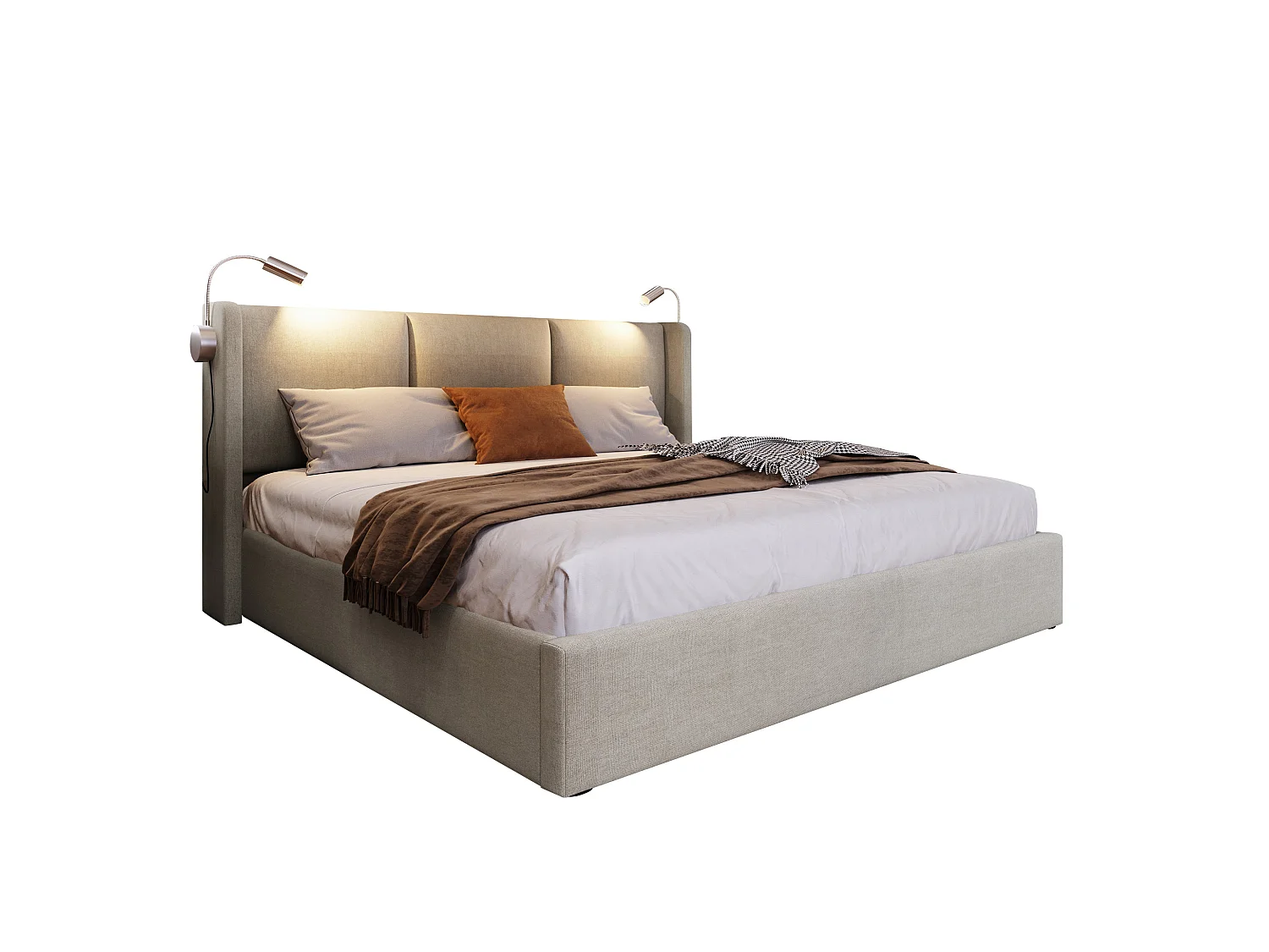 Lit double 160x200 cm, lin beige, avec lampe de lecture, ports USB, rangement hydraulique, sans matelas