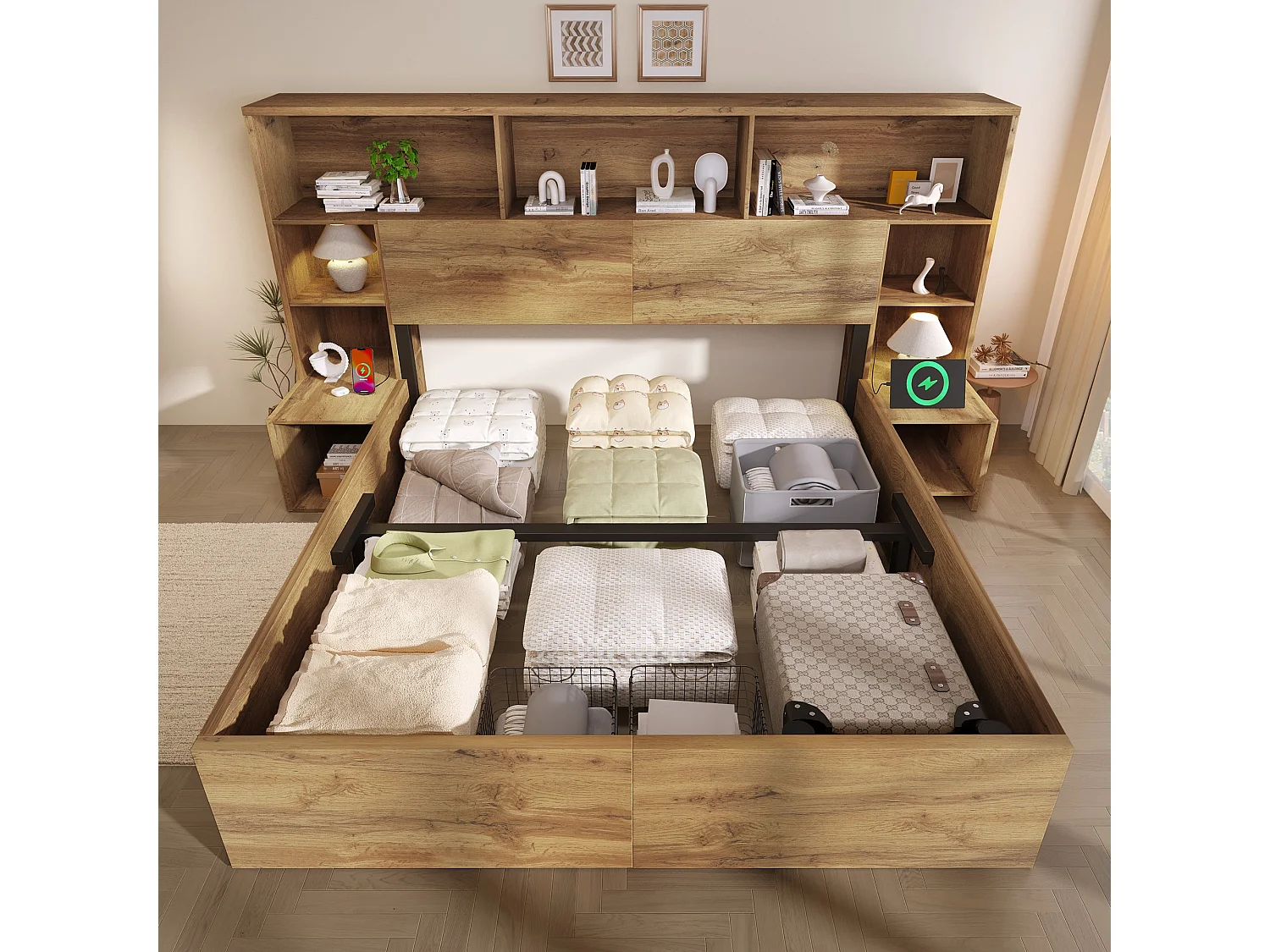 Lit double hydraulique 160x200 cm, chêne, avec LED, ports USB et Type-C, rangement intégré et tables de chevet, sans matelas
