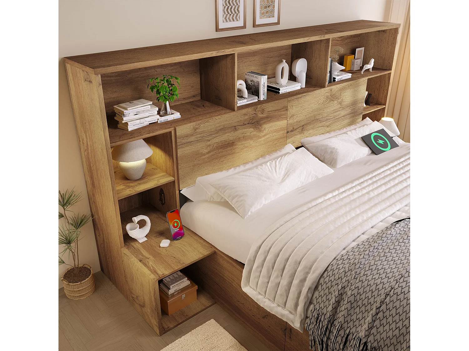 Lit double hydraulique 160x200 cm, chêne, avec LED, ports USB et Type-C, rangement intégré et tables de chevet, sans matelas