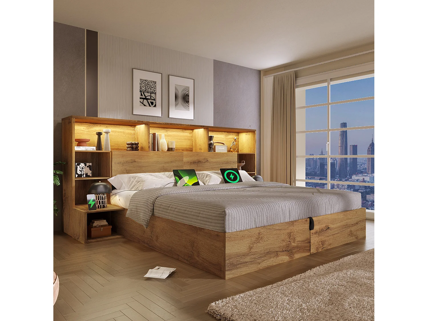 Lit double hydraulique 160x200 cm, chêne, avec LED, ports USB et Type-C, rangement intégré et tables de chevet, sans matelas