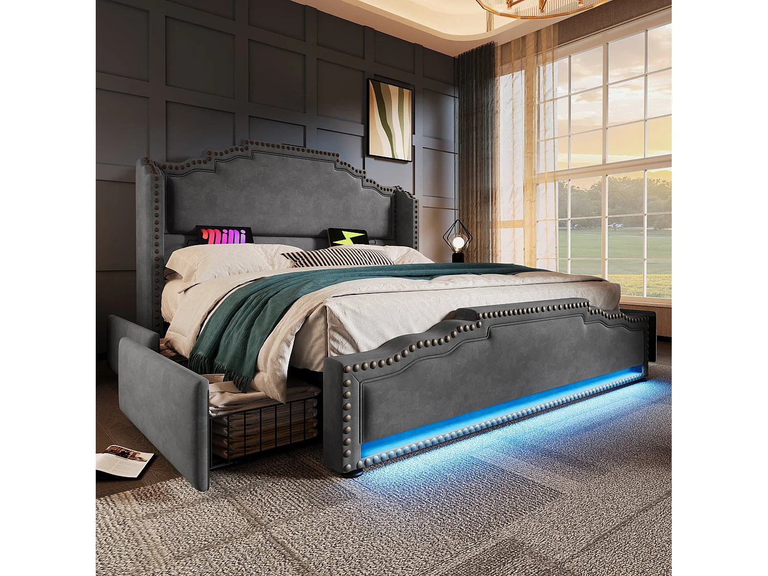 Lit double capitonné 140x200 cm, velours gris, avec LED, ports USB et Type-C, rangement à 4 tiroirs, sans matelas