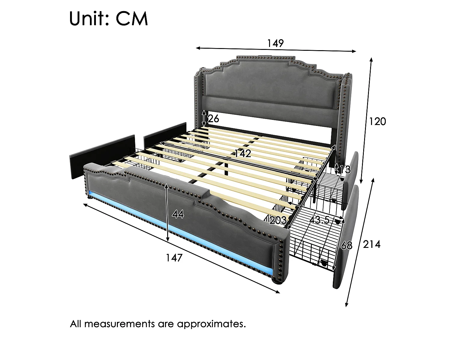 Lit double capitonné 140x200 cm, velours gris, avec LED, ports USB et Type-C, rangement à 4 tiroirs, sans matelas