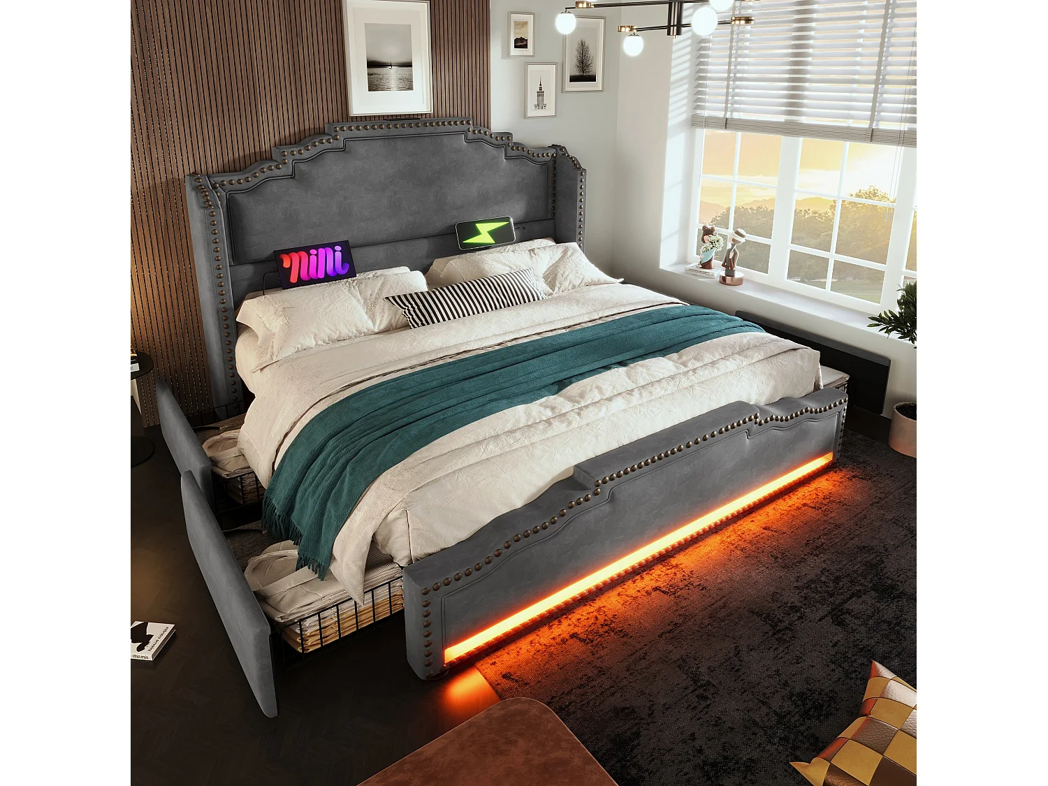 Lit double capitonné 140x200 cm, velours gris, avec LED, ports USB et Type-C, rangement à 4 tiroirs, sans matelas