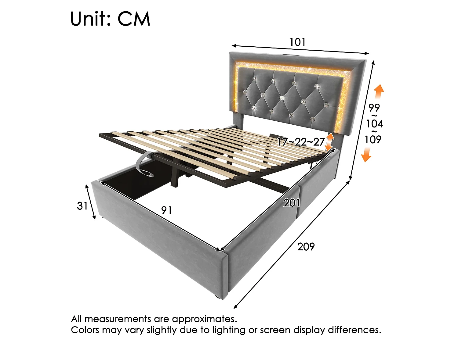 Lit simple capitonné 90x200 cm, velours gris, avec LED diamant, ports USB et Type-C, tête de lit réglable, rangement hydraulique, sans matelas