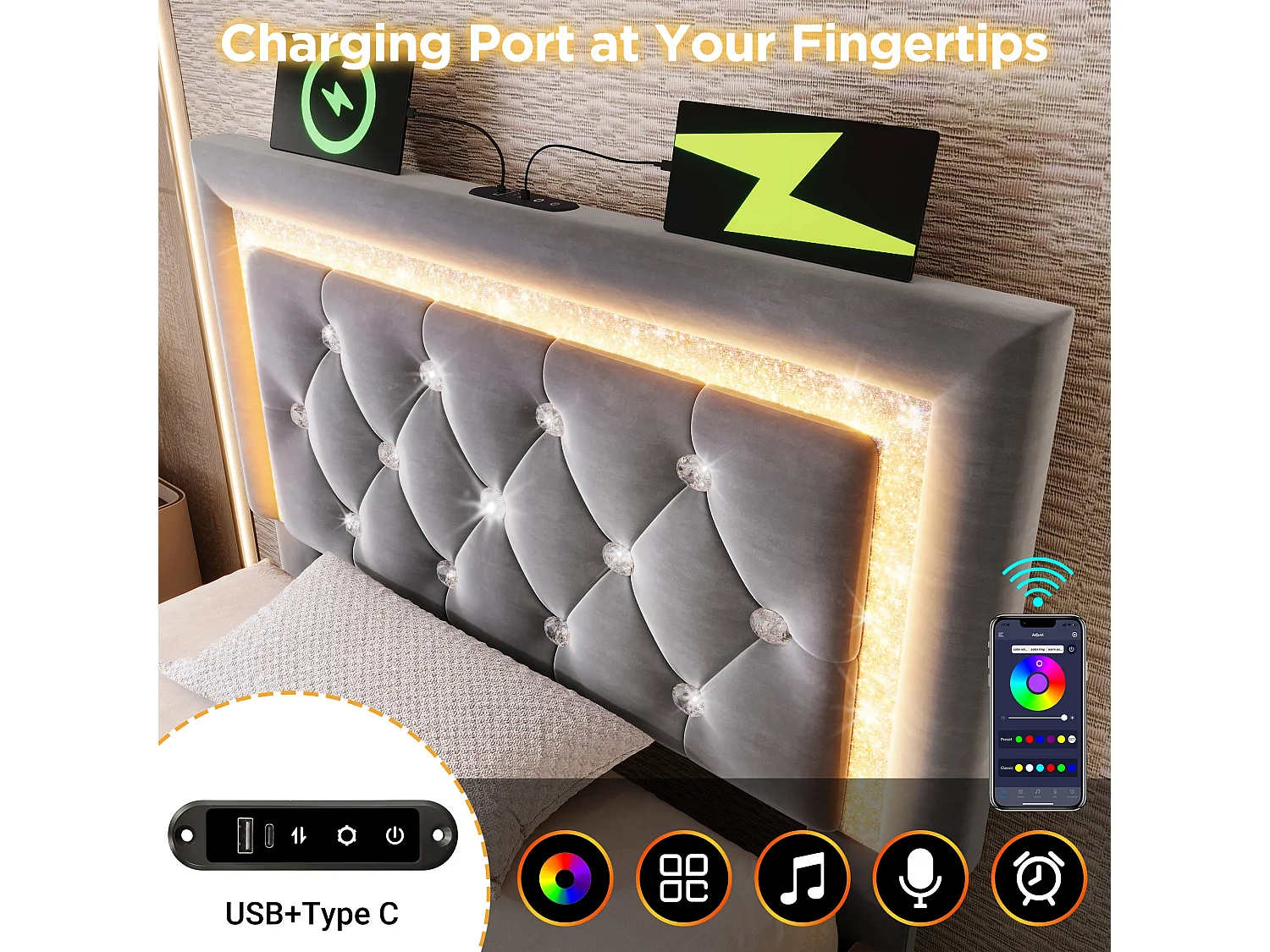 Lit simple capitonné 90x200 cm, velours gris, avec LED diamant, ports USB et Type-C, tête de lit réglable, rangement hydraulique, sans matelas
