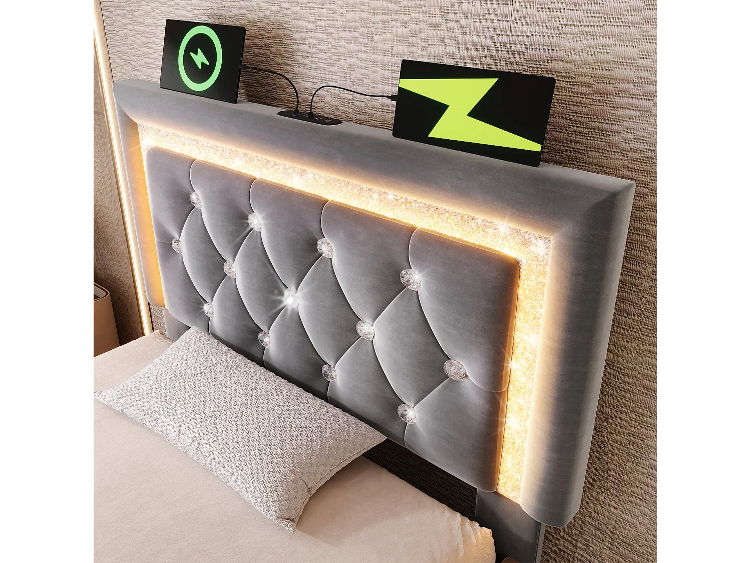 Lit simple capitonné 90x200 cm, velours gris, avec LED diamant, ports USB et Type-C, tête de lit réglable, rangement hydraulique, sans matelas
