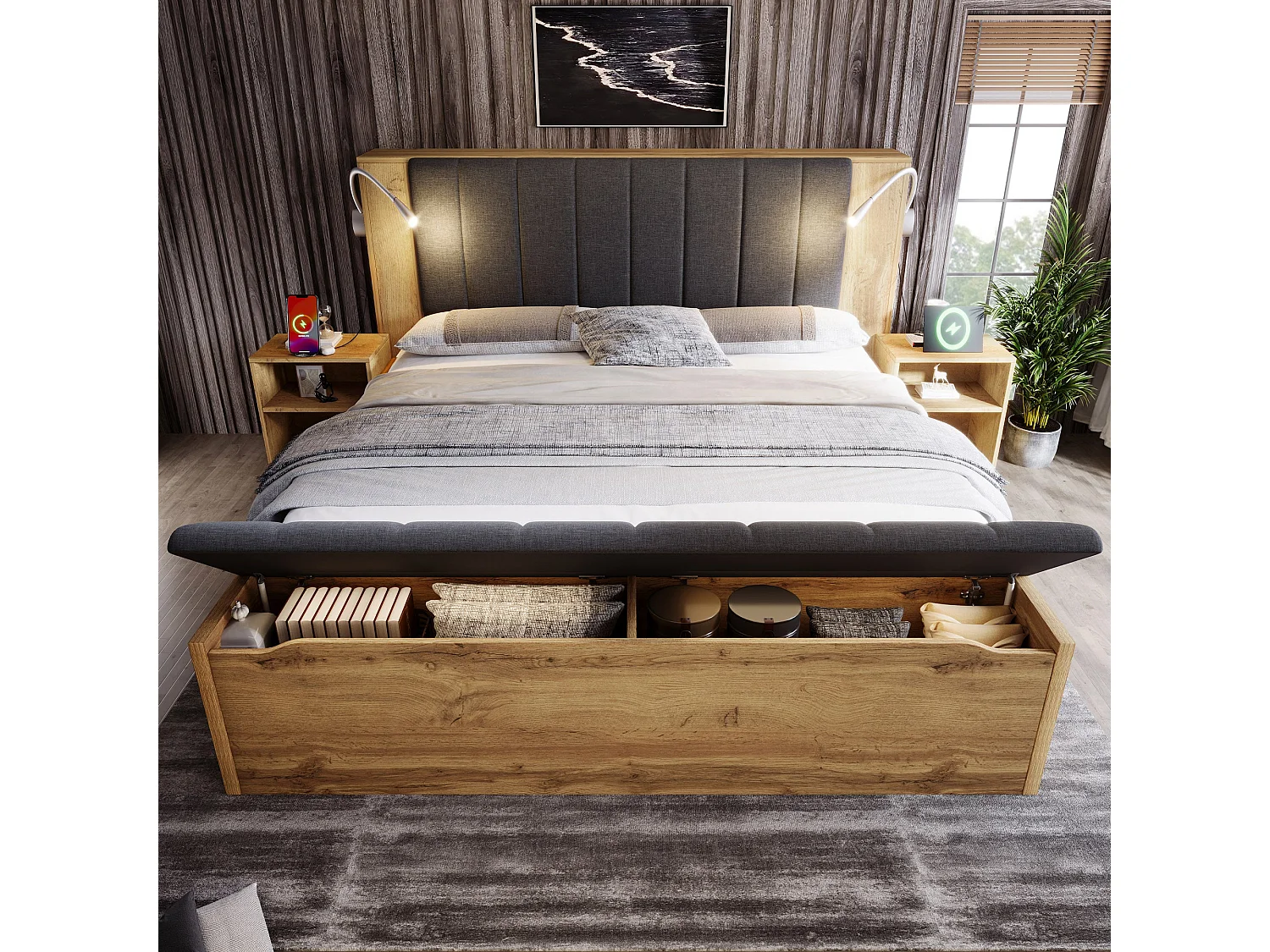 Lit double 160x200 cm, chêne, avec lampes de lecture USB, 2 tables de chevet, banc de rangement et tête de lit pliable, sans matelas