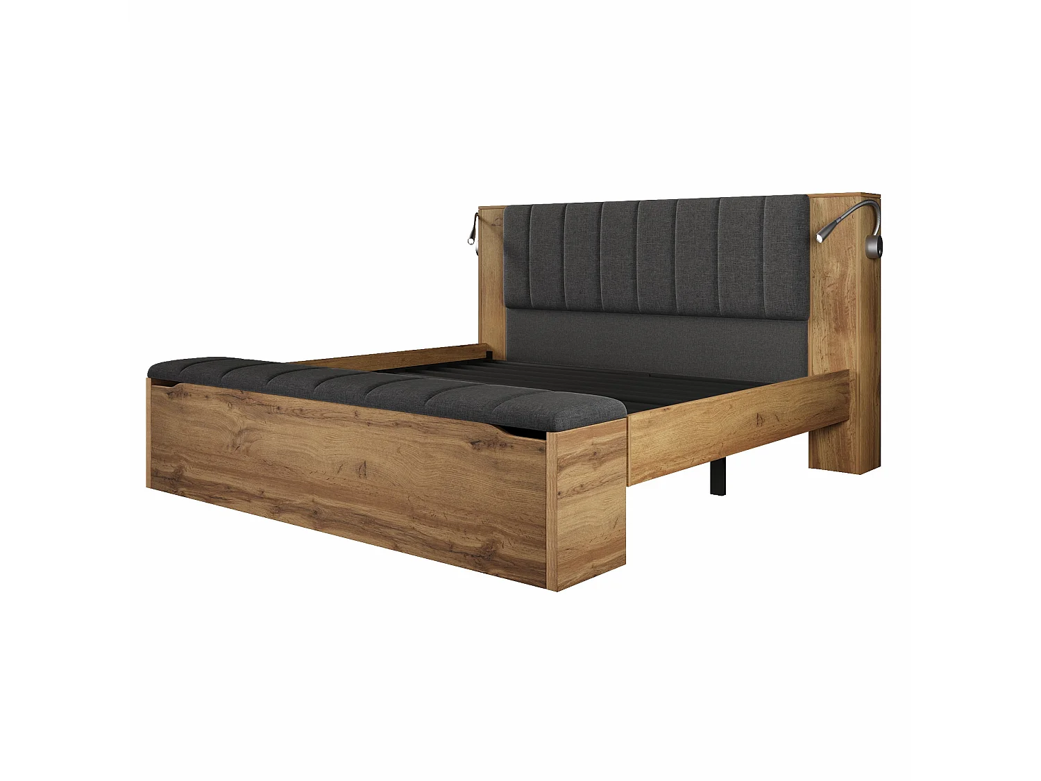 Lit double 160x200 cm, chêne, avec lampes de lecture USB, 2 tables de chevet, banc de rangement et tête de lit pliable, sans matelas