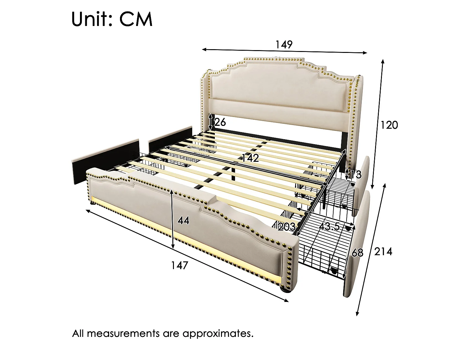 Lit double capitonné 140x200 cm, velours beige, avec LED, ports USB et Type-C, rangement à 4 tiroirs, sans matelas