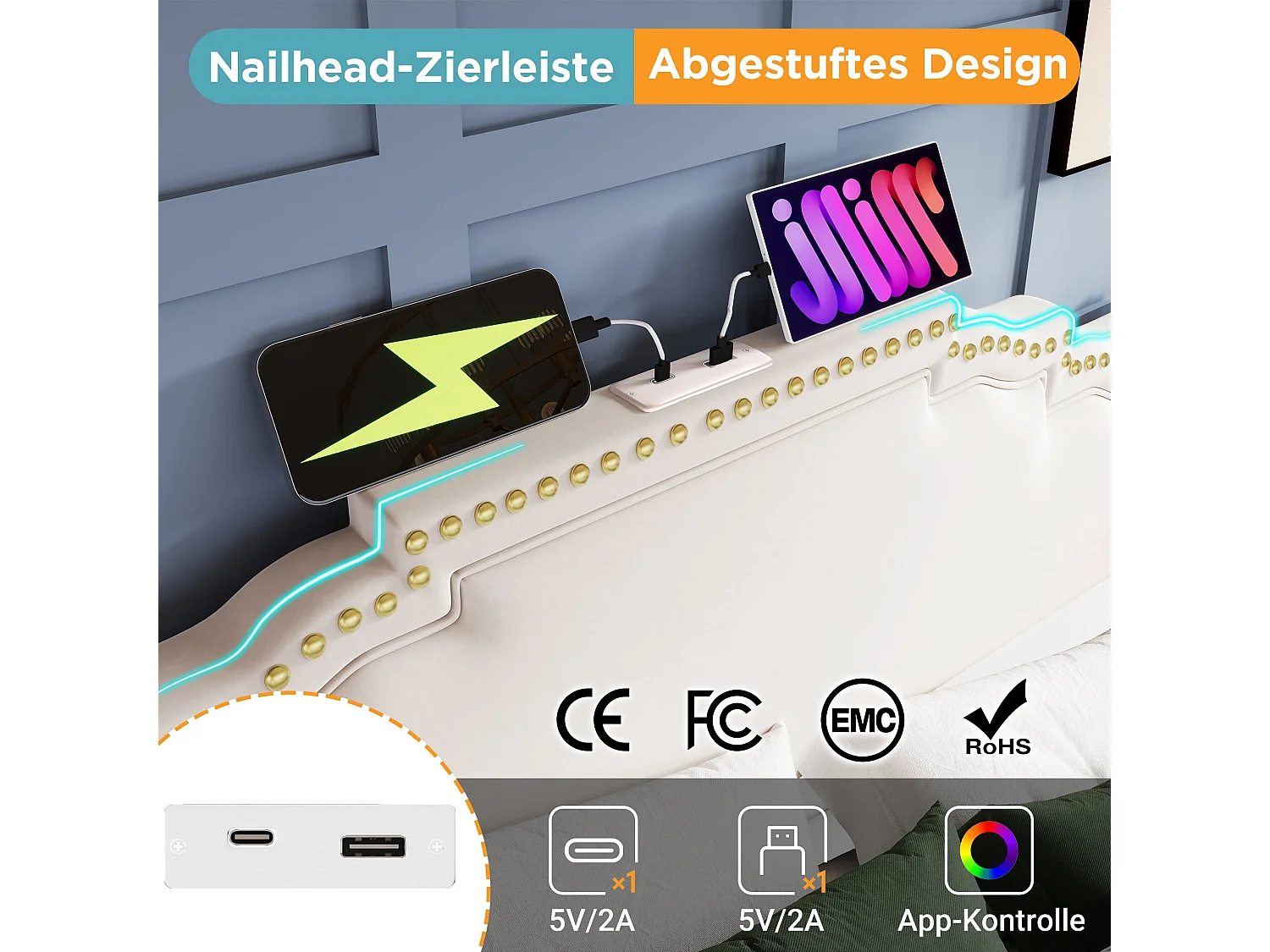 Lit double capitonné 140x200 cm, velours beige, avec LED, ports USB et Type-C, rangement à 4 tiroirs, sans matelas