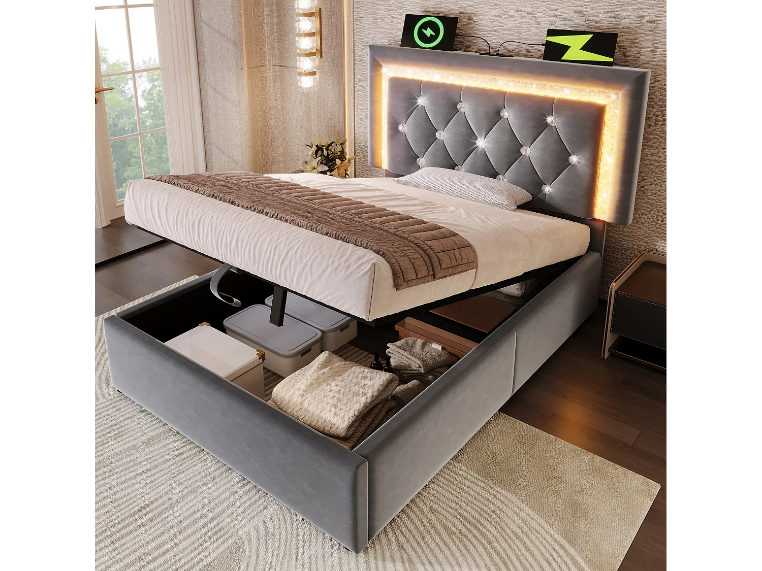 Lit double capitonné 160x200 cm, velours gris, avec LED diamant, ports USB et Type-C, tête de lit réglable, rangement hydraulique, sans matelas