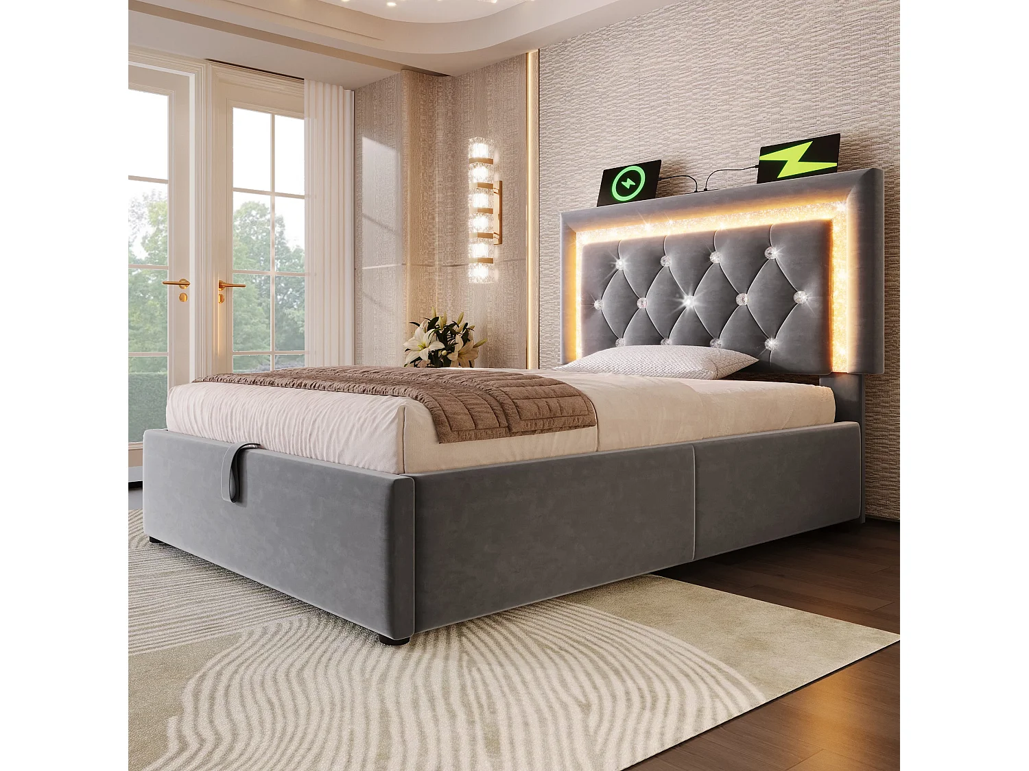 Lit double capitonné 160x200 cm, velours gris, avec LED diamant, ports USB et Type-C, tête de lit réglable, rangement hydraulique, sans matelas