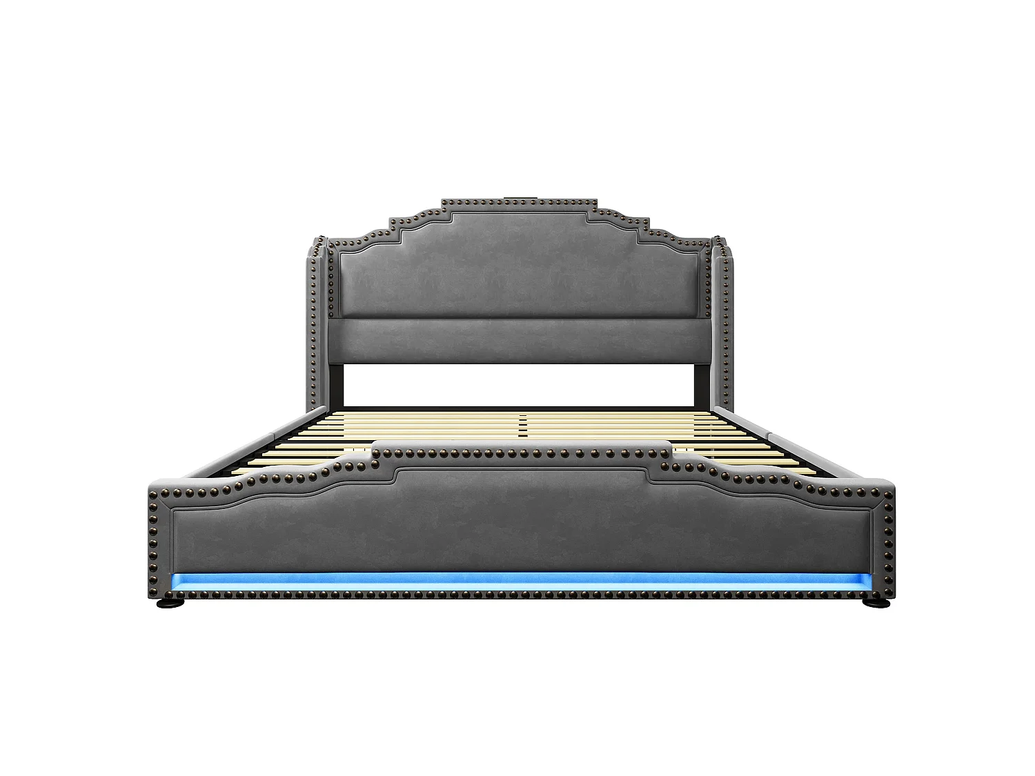 Lit double capitonné 180x200 cm, velours gris, avec LED, ports USB et Type-C, rangement à 4 tiroirs, sans matelas