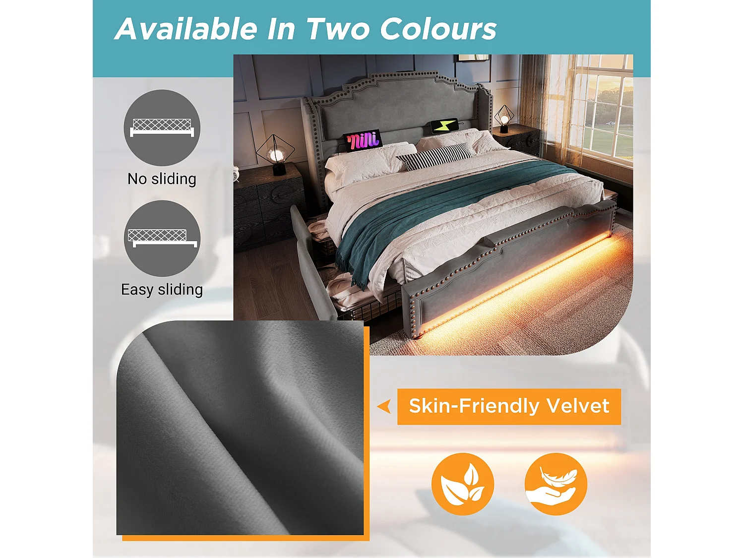 Lit double capitonné 180x200 cm, velours gris, avec LED, ports USB et Type-C, rangement à 4 tiroirs, sans matelas