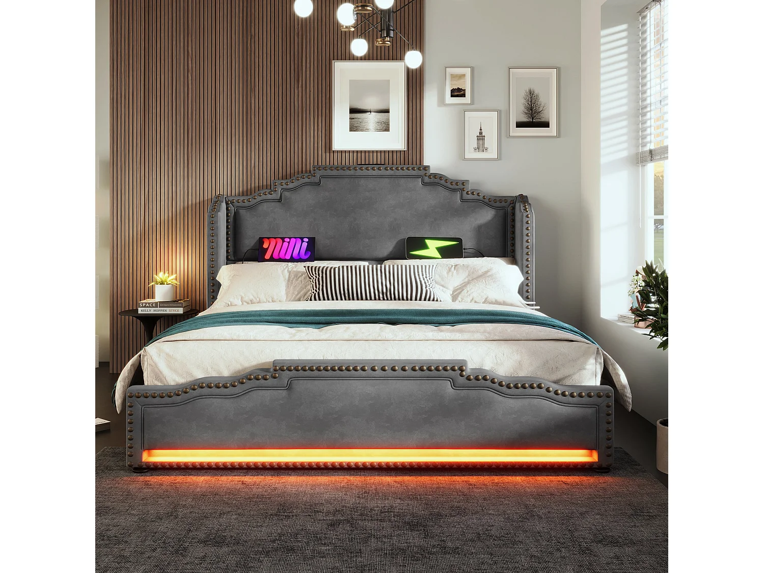 Lit double capitonné 180x200 cm, velours gris, avec LED, ports USB et Type-C, rangement à 4 tiroirs, sans matelas