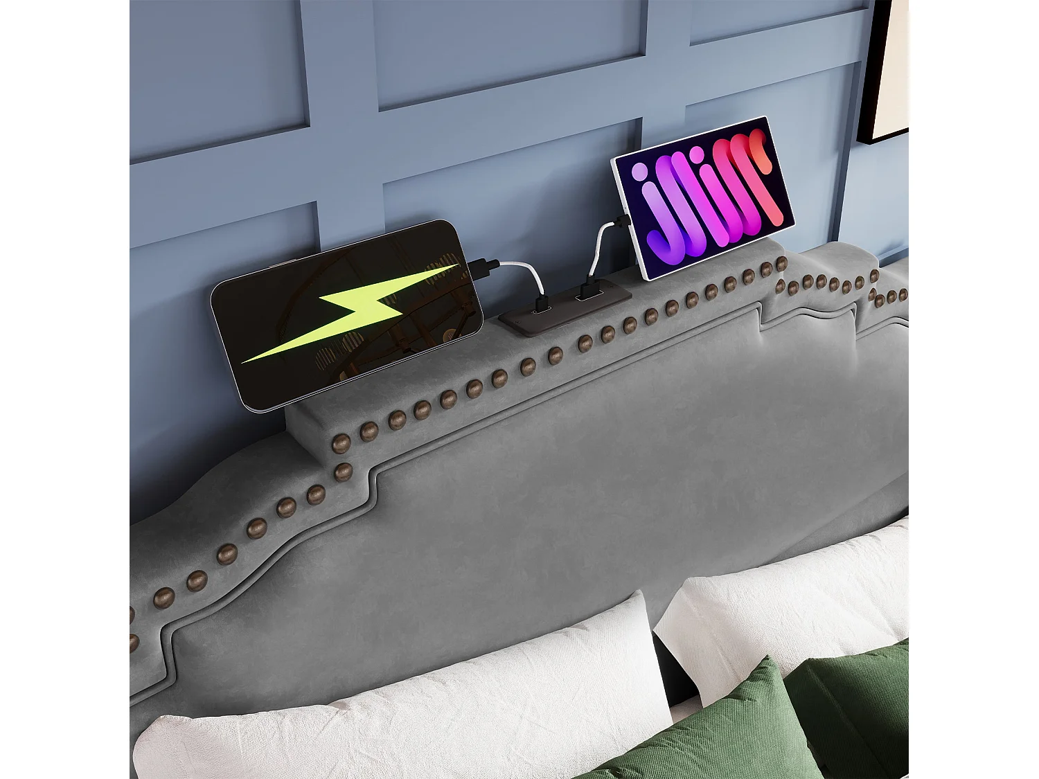 Lit double capitonné 180x200 cm, velours gris, avec LED, ports USB et Type-C, rangement à 4 tiroirs, sans matelas