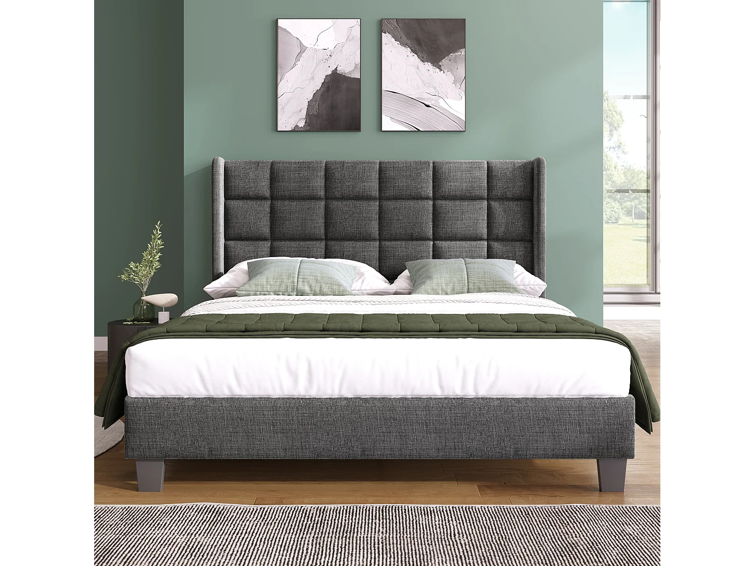 Lit double 140x200 cm, lin gris, avec tête de lit rembourrée et pieds noirs, sommier à lattes, sans matelas