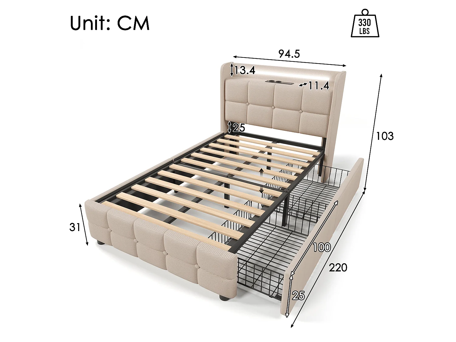 Lit simple 90x200 cm, beige, avec prises USB, LED télécommandé, 2 tiroirs de rangement, sans matelas