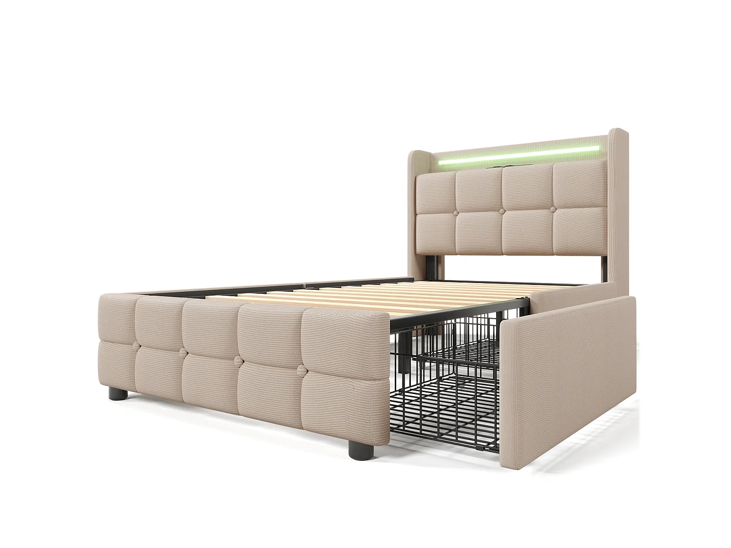 Lit simple 90x200 cm, beige, avec prises USB, LED télécommandé, 2 tiroirs de rangement, sans matelas