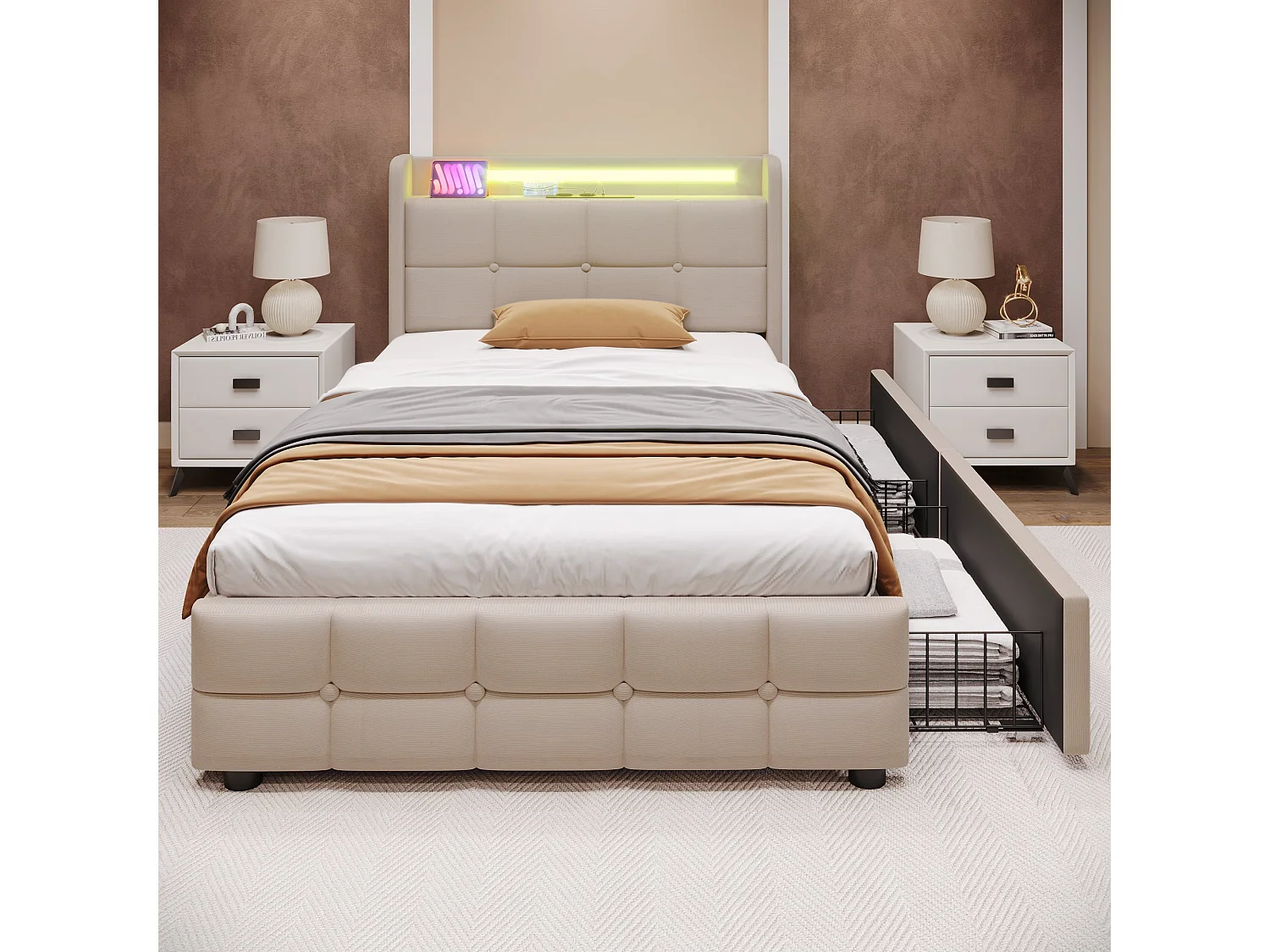 Lit simple 90x200 cm, beige, avec prises USB, LED télécommandé, 2 tiroirs de rangement, sans matelas