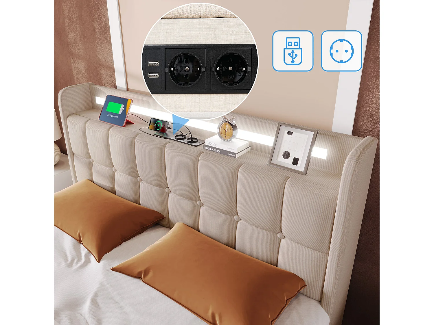 Lit simple 90x200 cm, beige, avec prises USB, LED télécommandé, 2 tiroirs de rangement, sans matelas
