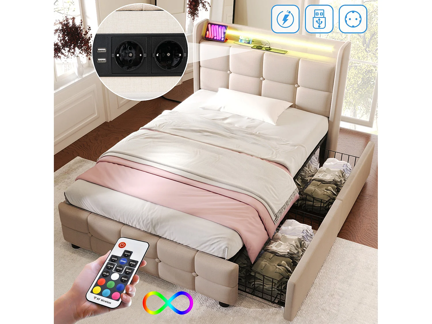 Lit simple 90x200 cm, beige, avec prises USB, LED télécommandé, 2 tiroirs de rangement, sans matelas