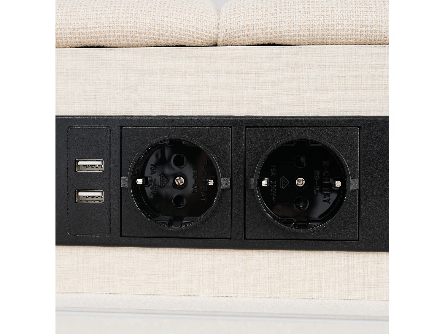 Lit simple 90x200 cm, beige, avec prises USB, LED télécommandé, 2 tiroirs de rangement, sans matelas